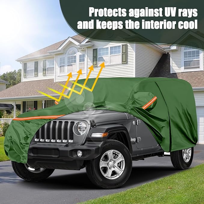 Waterproof Car Covers Replace for 2007-2025 Jeep Wrangler 4 Door, Multilayer Heavy Duty with Cotton Liner All Weather Car Cover with Zipper Door, Windproof Bands for Snow Rain Dust Protection