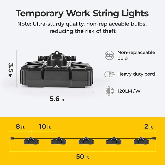 LED Work String Lights: Super Bright 90W 10800LM ETL Listed Linkable Waterproof Outdoor/Indoor Temporary Hanging Lighting for Construction Attic Jobsite Garage