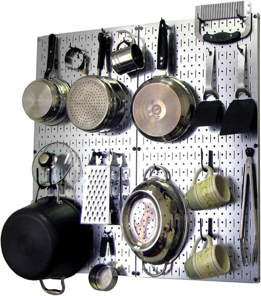 Wall Control Kitchen Pegboard Organizer Pots and Pans Storage Rack Organization Kit with Metallic Silver Pegboard and Black Accessories