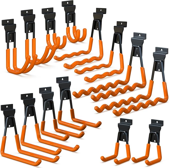 3-H Slatwall Hooks 14 Pack Heavy Duty Multi Sizes, Slatwall Accessories & Hangers Compatible with Proslat Handiwall Crownwall StoreWALL, Garage Slat Wall Hooks for Tools & Daily Items(Orange)