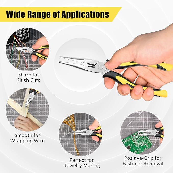 Premium Long Needle Nose Pliers-8’’, Paper Clamp Precision, High Carbon Steel, Soft Grip with Wire Cutter, Long Nose Cutting Pliers for Home, Fishing, Jewelry, Crafts,1pcs
