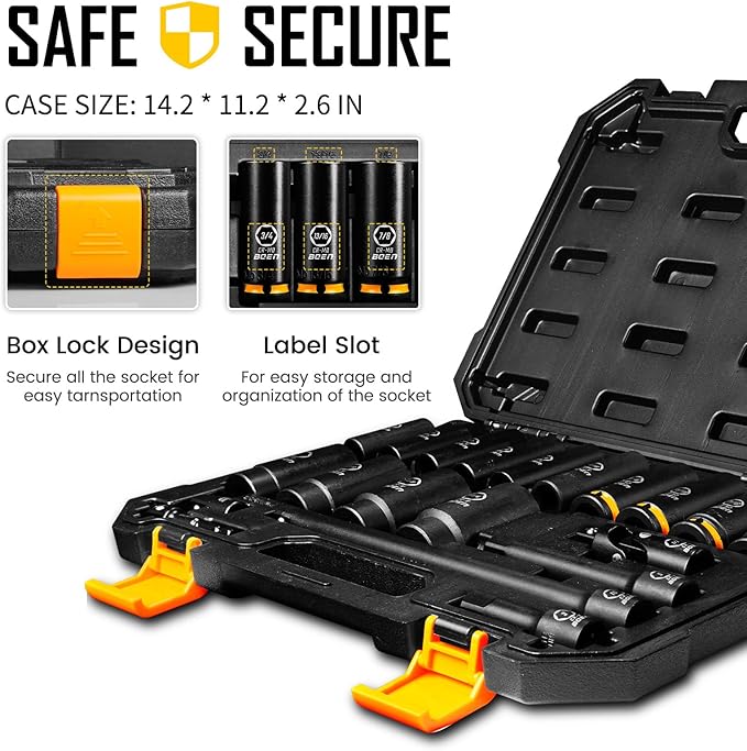 BOEN Pro 20-Piece 1/2" Drive Deep Impact SAE Socket Set, 3/8"-1-1/4", CR-MO & CR-V Steel, Upgraded Torque & Durability, Includes Extensions, Joint, Adapter – Meets ANSI
