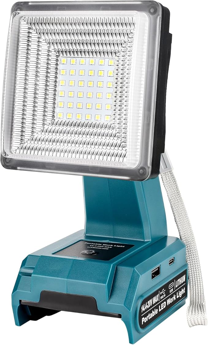 Adisipsoarin Cordless LED Work Light for Makita 18V LXT Battery, 25W LED Floodlight with USB-A&USB-C 2.1A Fast Charging Ports for Jobsite, Car Repairing, Camping, Emergency