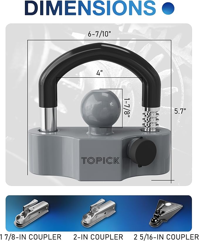 TOPICK Heavy-Duty Trailer Coupler Lock with PVC-Coated U-Bolt, Universal Fit for 1-7/8", 2", 2-5/16" Hitch Couplers, Anti-Theft Security for RV, Boat, Utility Trailers, Grey