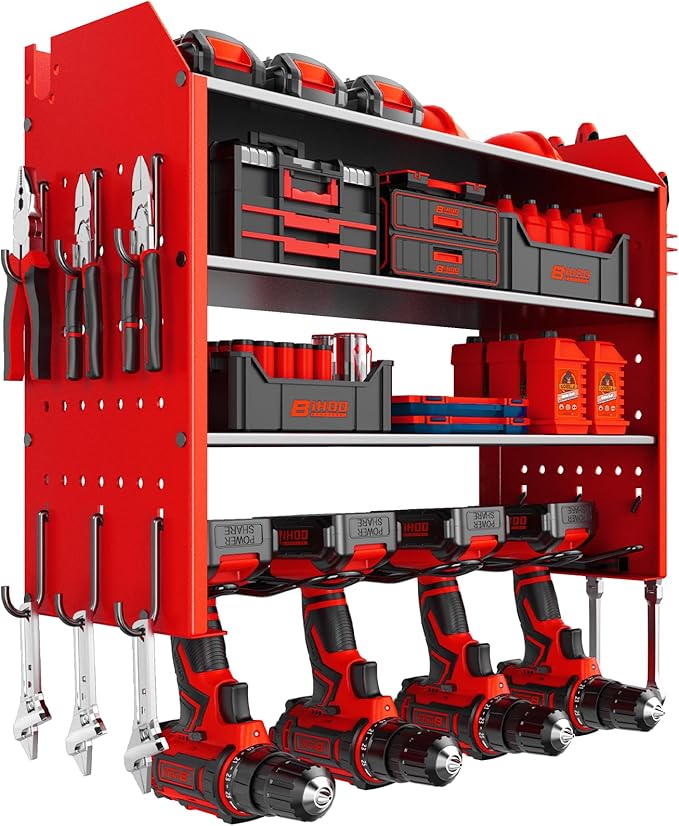 Power Tool Organizer Wall Mount, Garage Tool Organizer with 4 Drill Holders for Cordless Tools.Heavy Duty Drill Holder Wall Mount with Hooks.Red