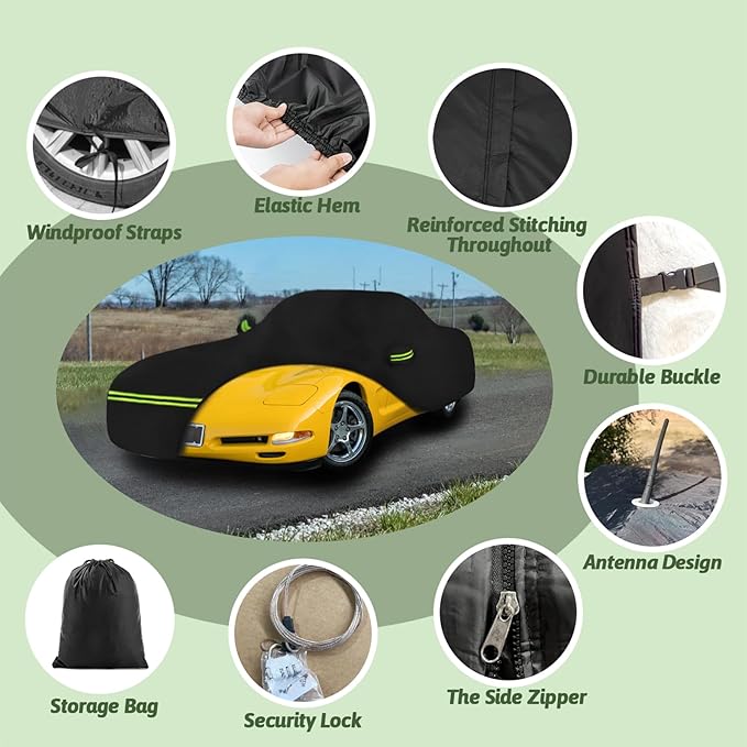 Car Cover for 1997-2004 Corvette C5, 6 Layers 210T Sun Rain UV Dust Snow Protection Outdoor Car Cover with Zipper Door and Windproof Straps for Chevy Corvette C5-Black