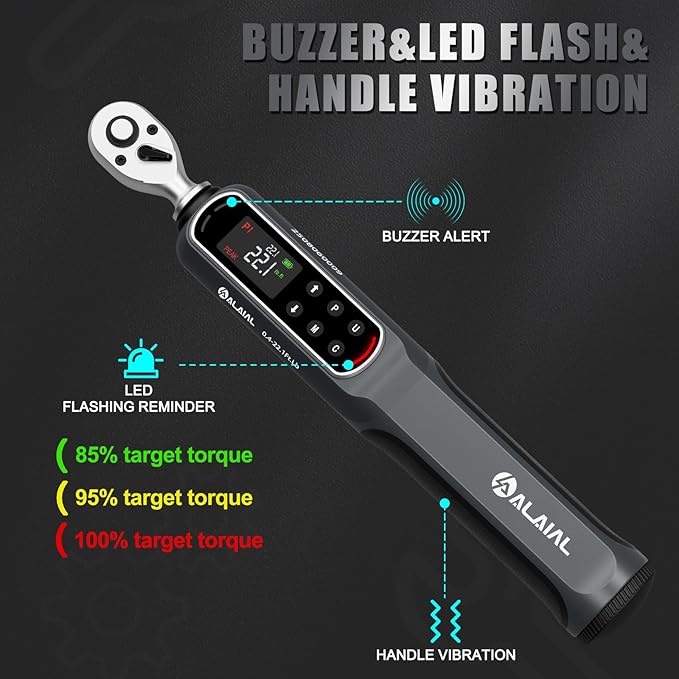 Digital Torque Wrench 0.4-22.1 Ft.Lb/0.5-30 Nm, 1/4 Drive Dual Direction Rachet Torque Wrench with Vibration, Buzzer and LED Alert, Electronic Torque Wrench for Bike Motorcycle Car Repair