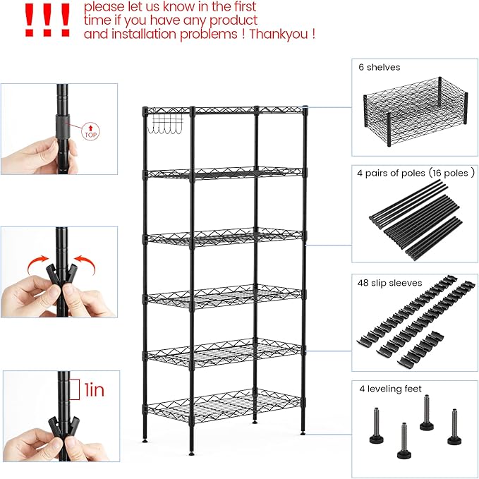 6-Shelf Shelving Storage Unit,Heavy Duty Metal Organizer Wire Rack with Leveling Feet, Stainless Side Hooks for Bathroom Kitchen Garage 750Lbs Capacity (Black)