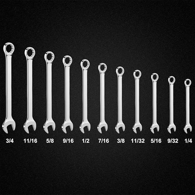 11-Piece SAE Combination Wrench Set in Roll-up Pouch, Non-Skip Inch Sizes 1/4 to 3/4” | Chrome Vanadium Steel with Mirror Finish | Ideal for General Household, Garage Workshop, Auto Repairs and More