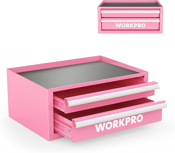 WORKPRO 12.5" Mini Tool Box with 2 Drawers & 1 Open Top Storage, Small Metal Tool Chest with PVC Liners & PP Feet Pads, Cold Rolled Steel Toolbox with Drawer Liners & Magnetic Tabs - Pink Ribbon