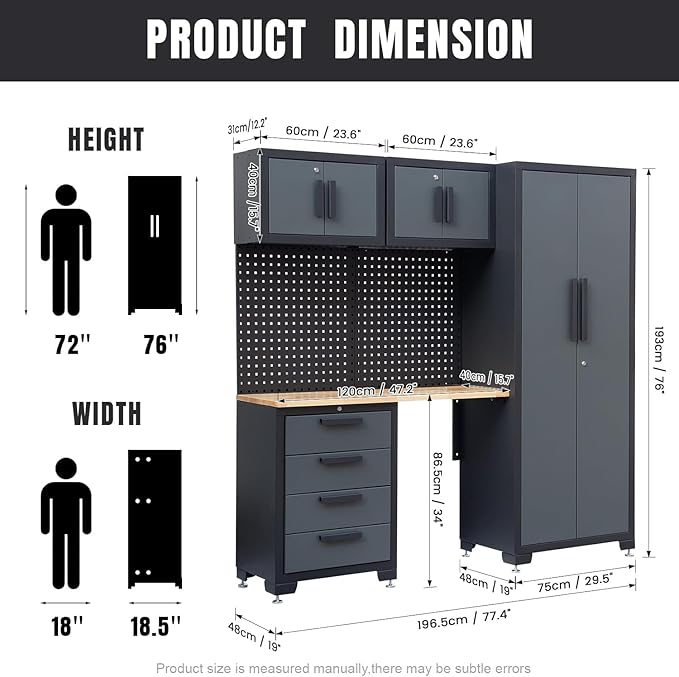 Garage Storage Cabinet System, 7PCK Workshop Set Garage Cabinets and Storage System with Steel Cabinet Drawers, Workbench, Pegboard for Tool Organization