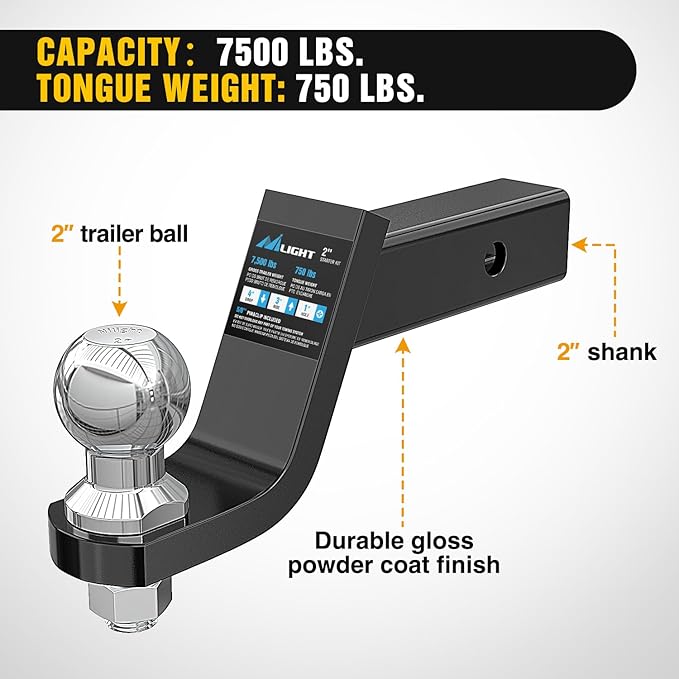 Nilight Trailer Hitch Ball Mount with 2-Inch Ball & 5/8" Hitch Pin Clip Fits 2-in Receiver 7500 lbs 4" Drop