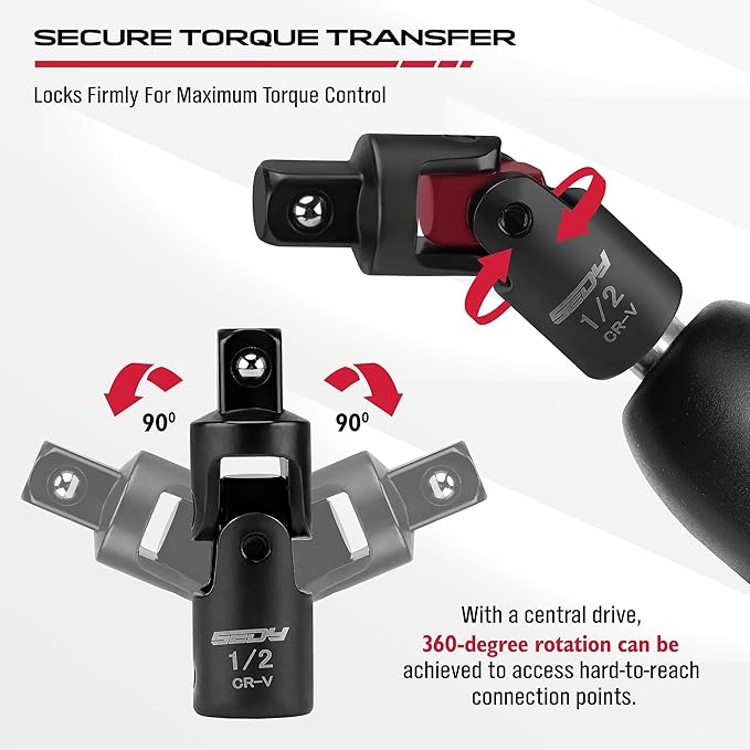 Universal Joint Socket Reducer: 7-Piece Impact Wobble U Joint & Adapter Set with Magnetic Aluminum Storage Rail - Premium Cr-V Steel 1/4", 3/8" & 1/2" Drive