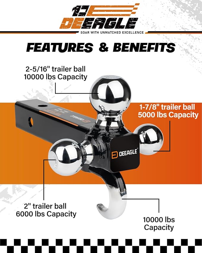 DEEAGLE 3 Ball Hitch with Hook, Tri Ball Hitch, 1-7/8", 2" and 2-5/16" Ball, Fit 2” Hitch Receiver, Heavy Duty Tow Hitch