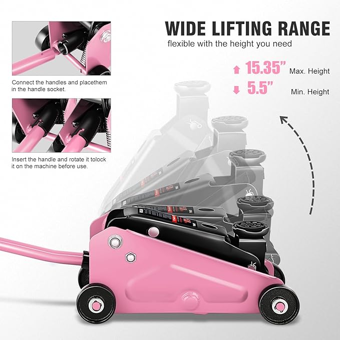 DNA Motoring Low Profile Hydraulic Trolley Service/Floor Jack, 1.5 Ton (3000 lbs) Capacity, Lifting Range 5.5"-15.35", Pink, TOOLS-00675-PK