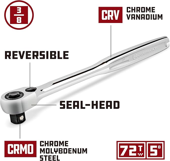 Powerbuilt 3/8-Inch Drive Pro Tech Ratchet Handle, Contour Handle, 72-Tooth Compact Head, Quick Release, Chrome Vanadium, Mirror Polish Finish, 7-7/8" Length - 649969