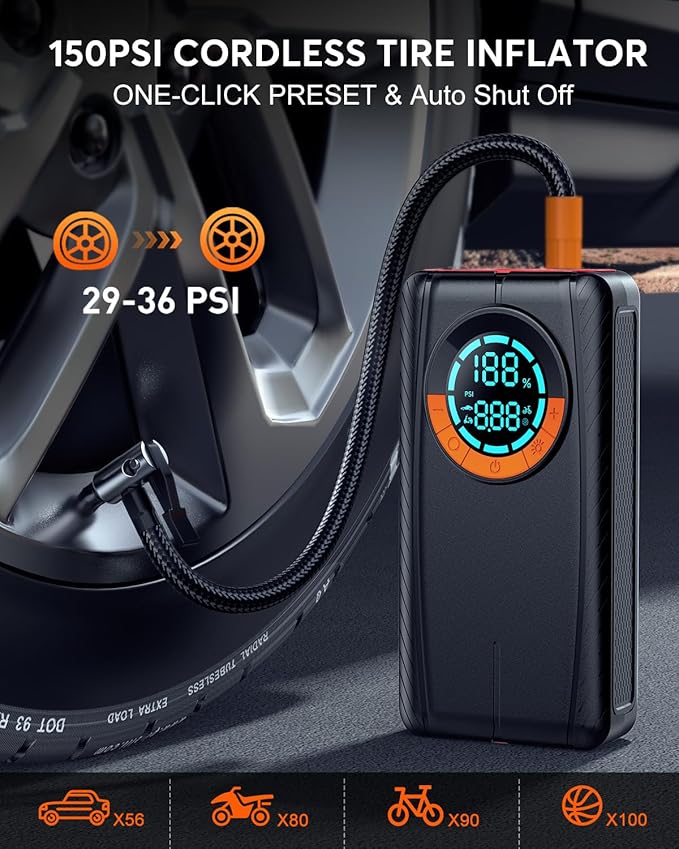 Jump Starter with Air Compressor, Car Battery Jump Starter (8.0 Gas/7.0L Diesel), Battery Jumper Starter Portable Jump Box, 12V Portable Car Jump Starter with Tire Inflator, LED Light (Classic)