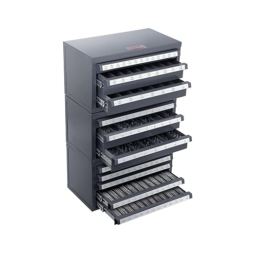 VEVOR Drill Bit Dispenser Cabinet Set, Three-Drawer for 1/16" to 1/2" & Letter Sizes A to Z, Five-Drawer Drill Bit Organizer for Wire Gauge Sizes #1 to #60, 3 Pieces