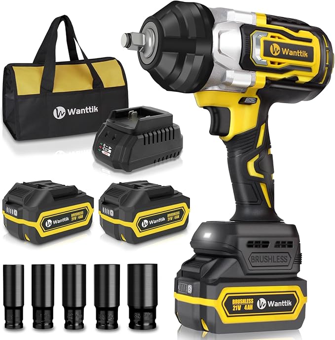 Cordless Impact Wrench 1/2 inch Impact Gun with Charger & 5 Sockets, Brushless Motor, 1000Ft-lbs, 21V, 2x4.0Ah Battery, Variable Speeds for Car/Pickup Truck/Mower/Industrial Tasks