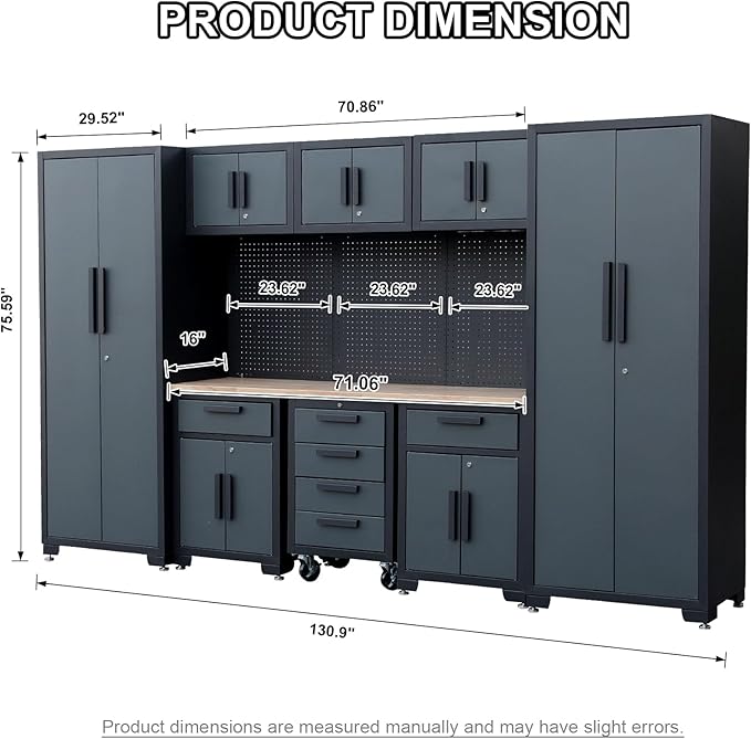 Garage Storage Cabinet System, 9PCS Tool Chest Workbench Storage System in Black, Included Steel Cabinets Drawers Rolling Chest and Pegboard,Locked Garage Storage Cabinet,Grey Handle