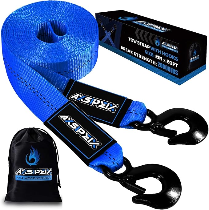 Nylon Tow Strap with Hooks Heavy Duty, 2”x20’(20,000lbs) Recovery Rope Car Tow Strap for UTV, ATV, Truck(Blue)
