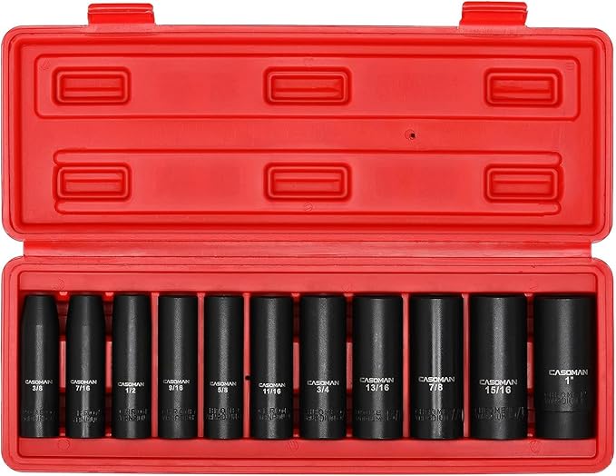 CASOMAN 11 Pieces 1/2-Inch Drive Deep Impact Socket Set, SAE, 6-Point, 3/8-Inch to 1-Inch