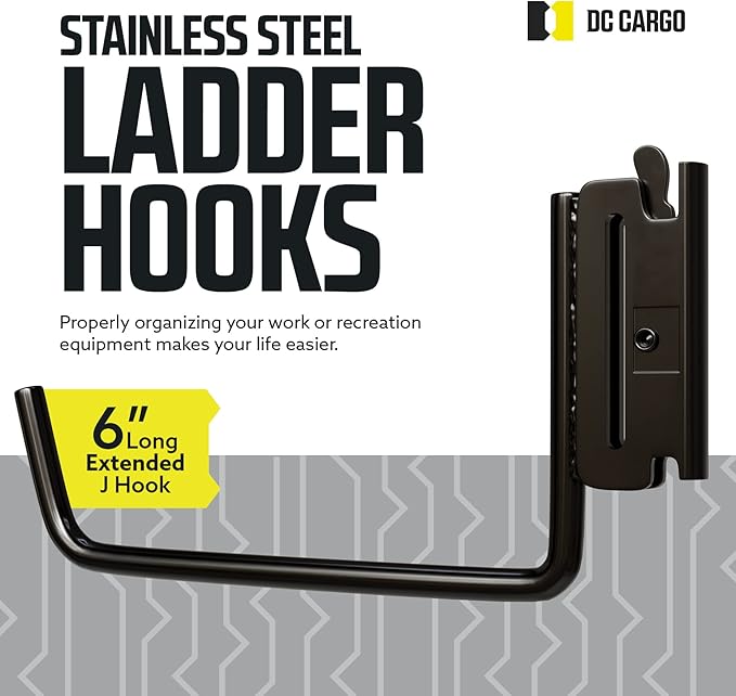 DC Cargo - Extended Flat J Hook E Track Ladder Hooks (8 Pack) - Shed, Garage Wall Hanger Accessories - Storage Hangers for Ladders, Large Tools & Equipment - Heavy Duty Organize Holder Mount