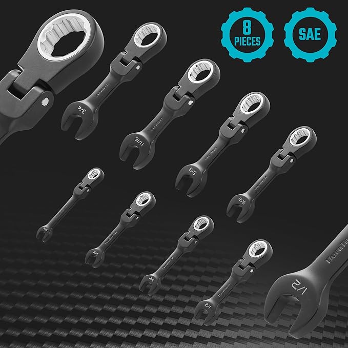 DURATECH Stubby Flex-head Ratcheting Combination Wrench Set, SAE, 8-piece, 5/16" to 3/4", CR-V Steel, Black Electrophoretic Coating, with Rolling Pouch