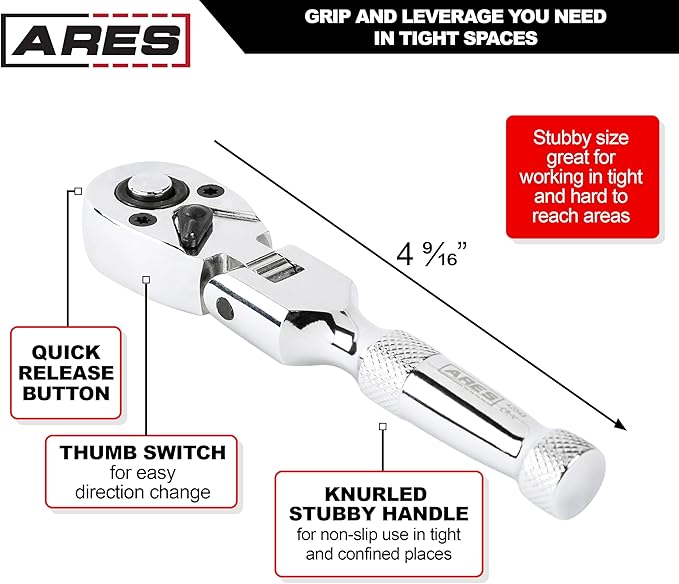 ARES 42043 - Flex Head Stubby Ratchet - 1/4-Inch Drive 72-Tooth Ratchet - Premium Chrome Vanadium Steel Construction & Mirror Polish Finish - Quick Release Reversible Direction Head Design