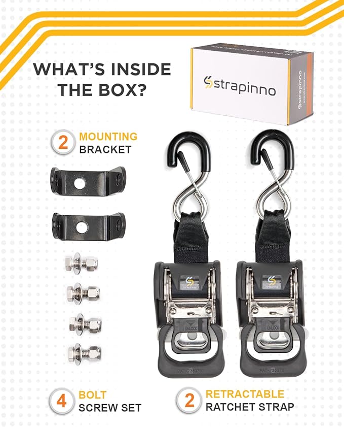 Strapinno 2PCS Stainless Steel Retractable Ratchet Straps (1 7/8 in x 4 ft) Transom Tie Downs for Boat Trailer - Extra Mounting Brackets & Bolt Set, Break Strength 1,650LB (Stainless Steel Clip Hook)