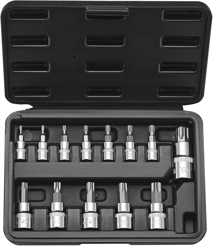 VEVOR Torx Bit Socket Set, 13-Piece Star T8 - T60 Set, S2 Alloy Steel and Cr-V Steel, 1/4 in, 3/8 in, and 1/2 in Drives, with Enhanced Storage Case, Torx Sockets for Hand Use, Mechanics, Auto Repair