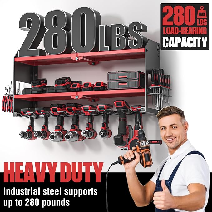 YYR Heavy Duty 6-Level Lumber Storage Rack - Orange & 32 Inch 8 Slots Power Tool Organizer Wall Mount