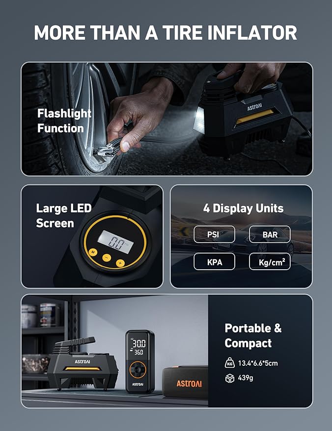 AstroAI Tire Inflator Portable Air Compressor Air Pump for Car Tires-Car Accessories, 9.8Ft Cord-12V DC-Powered Auto Pump with Digital Pressure Gauge, Emergency LED Light for Bicycle, Balloons, Yellow