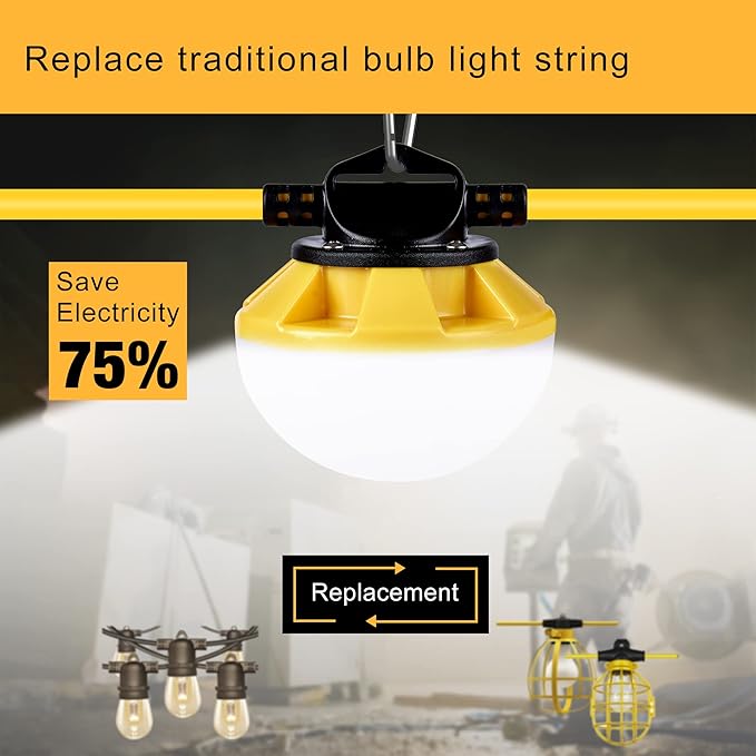 100FT Construction String Lights, IP65 Waterproof ETL Certified LED String Work Lights, 5000K Daylight 18AWG Wire Linkable Temporary Construction Lighting for Jobsite with 10 Bulbs & Hooks
