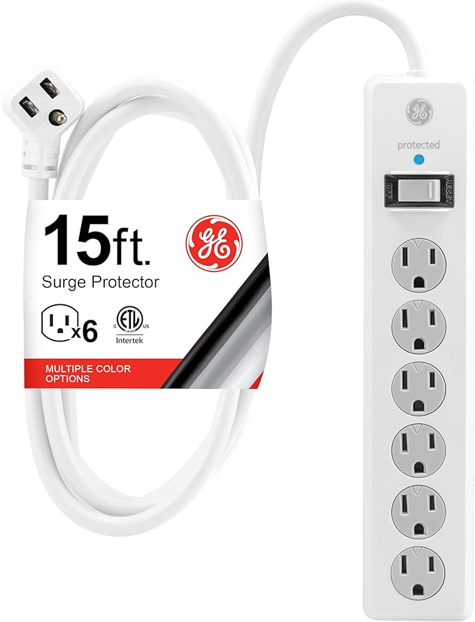 GE Surge Protector Power Strip, 15 Ft Extension Cord, 6 Outlet Extender, 800 Joules, Flat Plug, Twist-to-Close Safety Covers, ETL Listed, White, 50768