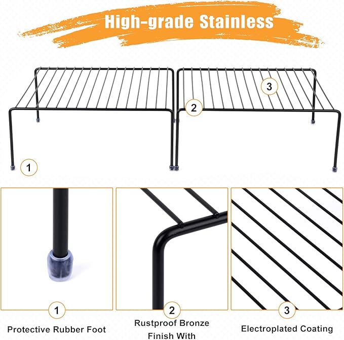 Medium (13.1 x 10.2 Inch) Cabinet Storage Shelf Rack , Kitchen Shelves，Kitchen Counter and Cabinet Shelf, Storage Rack Organizer for Kitchen, Fridge, Cabinet, Bathroom Cupboard& Pantry (4, Black)