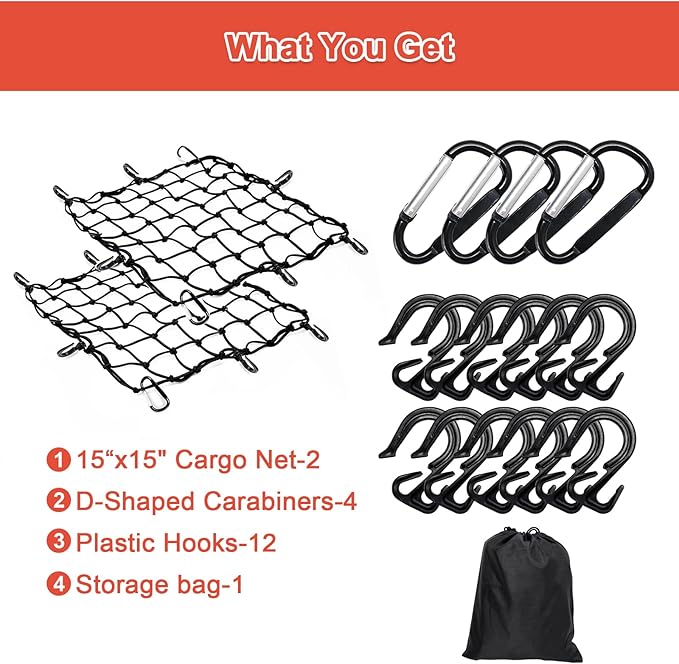 Cargo Net Motorcycle Fuel Tank Net Natural Latex Core, 15"x 15" Extends to 30"x 30" with 2"x 2" Mesh for Motorcycle Helmets, Bikes, ATVs, UTVs, Luggage (Black, 2 Pack)