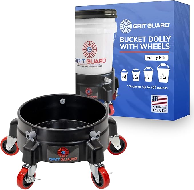 Grit Guard Bucket Dolly with Wheels - Rolling Detailing Wash Bucket with 5 Wheels and 2 Locking Casters Compatible with 2.5, 4, 5 and 6 Gallon Buckets (Black, 3" Red Casters)
