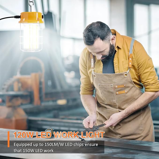RIUVAO 120W LED Temporary Work Light 5000K Daylight 18000 Lumens Super Bright with Fan Radiator Stainless Steel Guard Construction Lights Sturdy Hook Suitable for workshops, Construction Sites, etc.