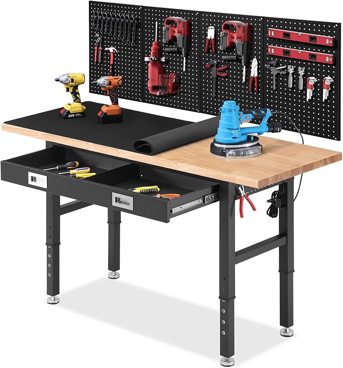 ENJOYWOOD Work Bench with Drawers Adjustable Workbenches for Garage 60 Inch Rubber Wood Top Garage Workbench with Pegboard,Power Outlets for Woodworking, Home, Office, Workshop