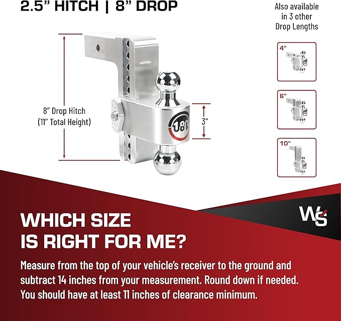 Weigh Safe 180-Degree Trailer Hitch - Adjustable Trailer Hitch for Towing - Compatible with 2.5" Receivers - 8" Drop, Chrome-Plated Tow Balls, 18,500 GTW, 1-Piece Lock Set.