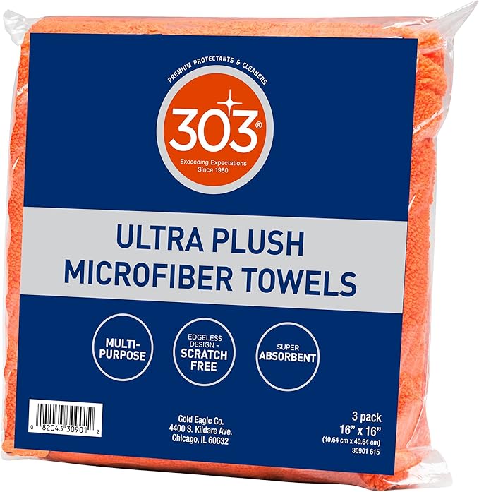 303 Products Premium Microfiber Towels - Automotive Detailing - Ultra Plush - Super Absorbent - Edgeless Design - Scratch Free - Multi-Purpose, 30901 (3 Count)