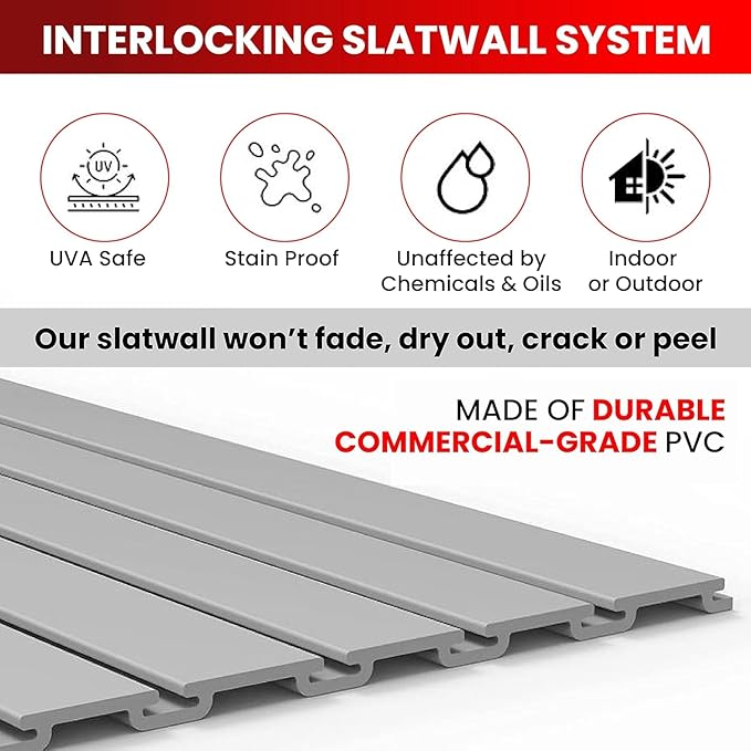 DLDIRECT 3 Colors - Slatwall Panel Garage Organizer: Heavy Duty Wall Mounted PVC Rack, Interlocking Slat Paneling for Garage Storage, Slotwall Board, Shelves System