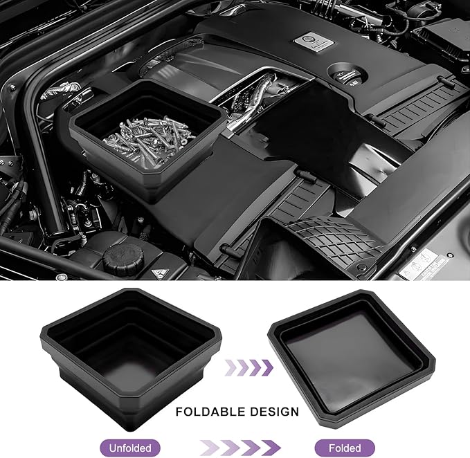 Collapsible Magnetic Parts Tray, 4.5" Square Silicone Metal Parts Organizer Double-Sided Magnet Bowl, Foldable Magnetic Tool Trays for Screws Bolts Nuts Washers Pins (Black)