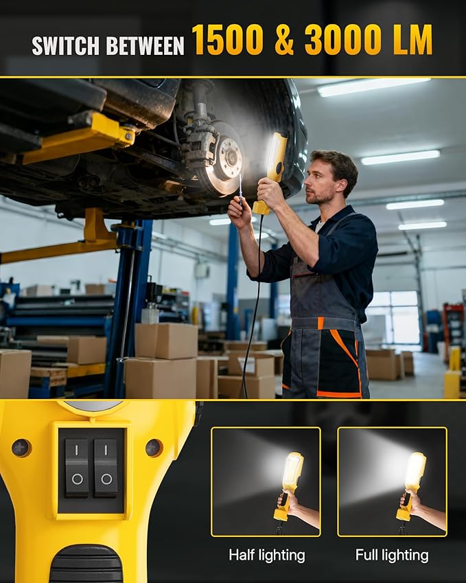 24W LED Work Light, 15FT 3000LM COB LED Light, Handheld Underhood Trouble Light with Cord 16 Gauge SJTW, Swivel Hook, for Garage, Workshop, Car Repair Scene, ETL Listed, Yellow Y05WL06