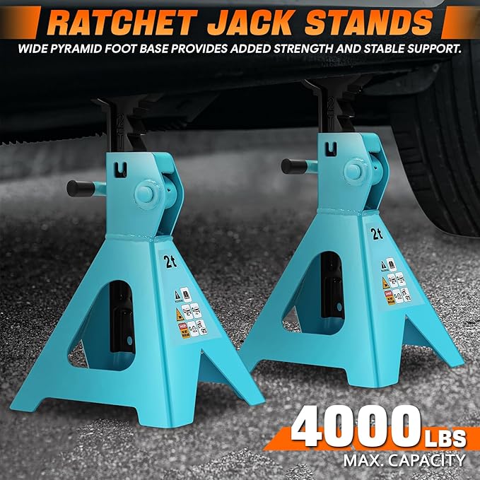 PM PERFORMOTOR Low Profile Hydraulic Trolley Service/Floor Jack Combo with 2 Ratchet Jack Stands, 2 Ton (4000 lbs) Capacity, Tiffany Blue, PM-TOL-FJ3P-TB