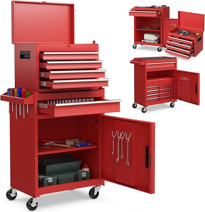 Goplus Tool Chest, 5 Drawers Rolling Tool Cabinet with Detachable Top Toolbox, Universal Lockable Wheels, Lock Bar, Protective Liner & Tool Rack, Metal Tool Storage Cart, Tool Box for Garage Workshop