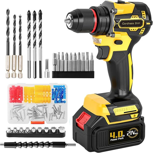 21V Cordless Brushless Power Drill Set with 4.0Ah Large Capacity Battery and Charger, 3/8-Inch Metal Keyless Chuck Electric Drill Driver, 25+1 Torque Setting, 2 Speed, 87pcs Drill kit for DIY Projects