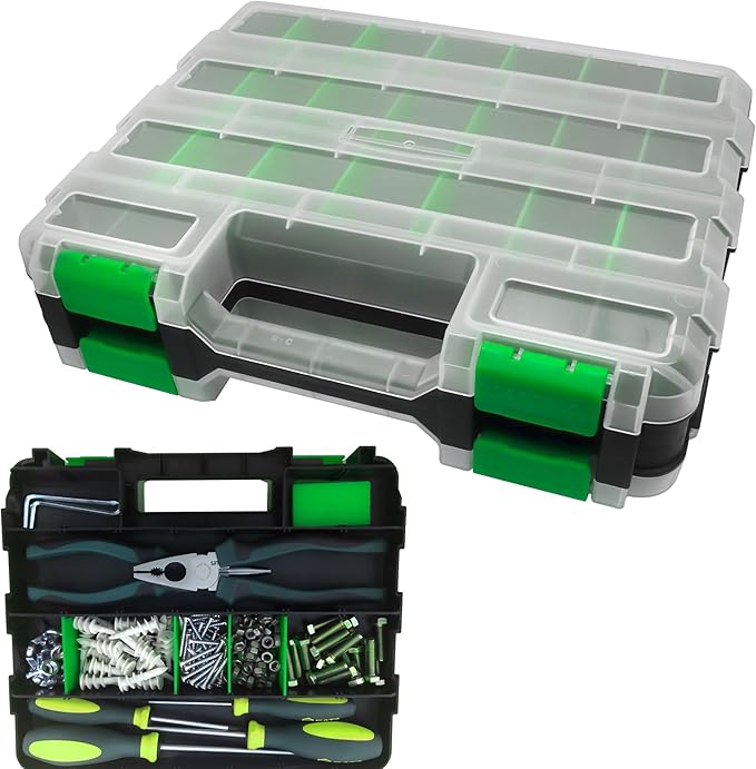 Tools Organizer Box Small Parts Storage Box 50-Compartment Double Side Hardware Organizers with Removable Plastic Dividers for Screws, Nuts, Nails, Bolts, Green