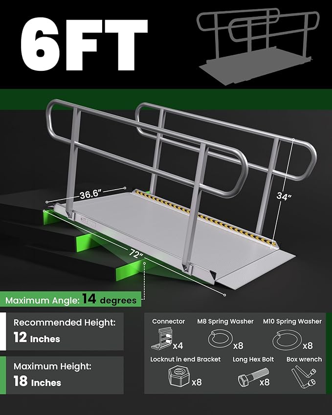 6FT Wheelchair Ramp with Handrails, 1600 lbs Capacity Heavy Duty Aluminum Ramps for Home Steps and Doorways, Fixed Threshold Solution for Wheelchairs Scooters Walkers, Easy Single-Person Use